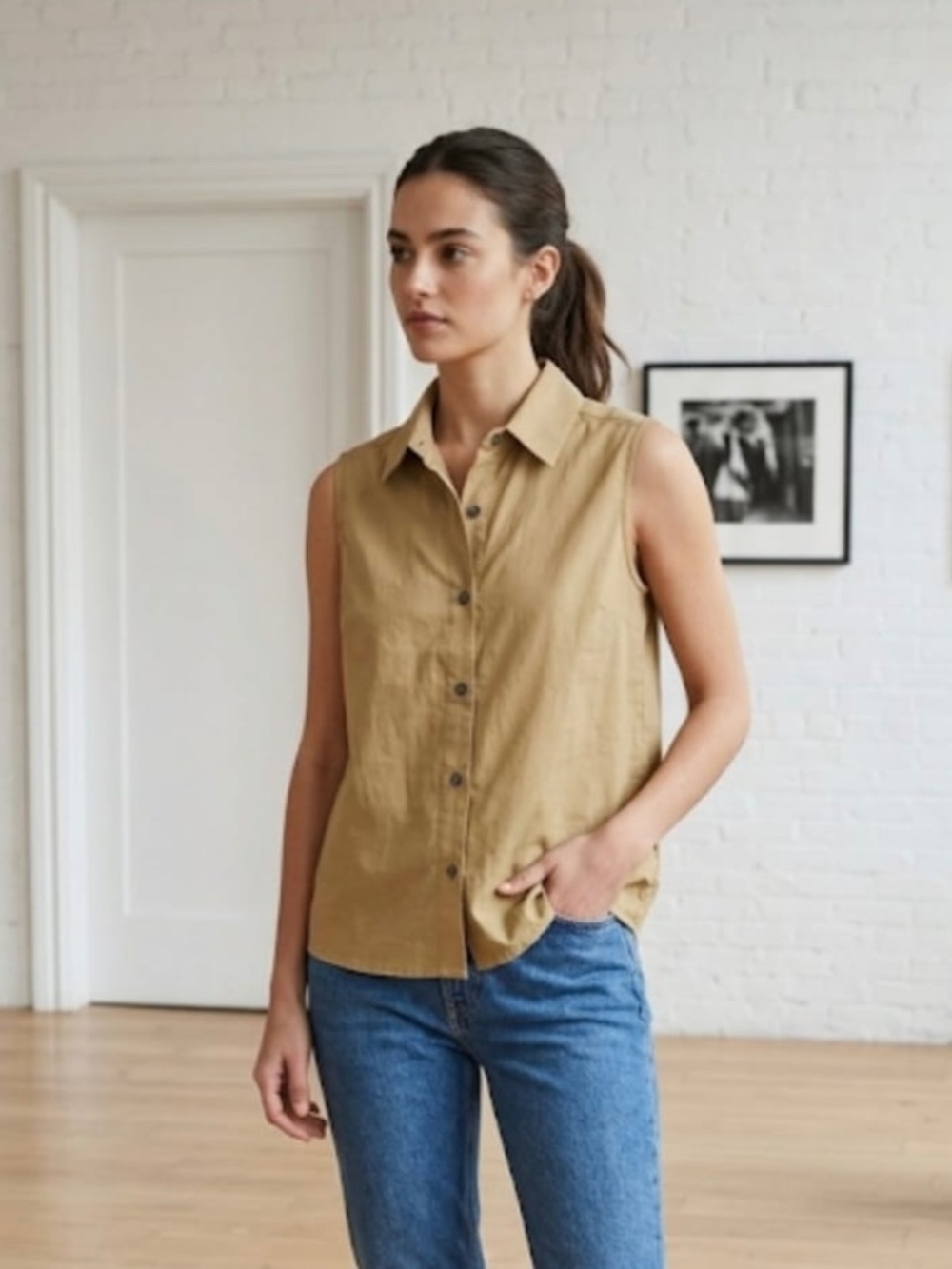 Mod Ref Beige Linen Sleeveless Button Down NWOT